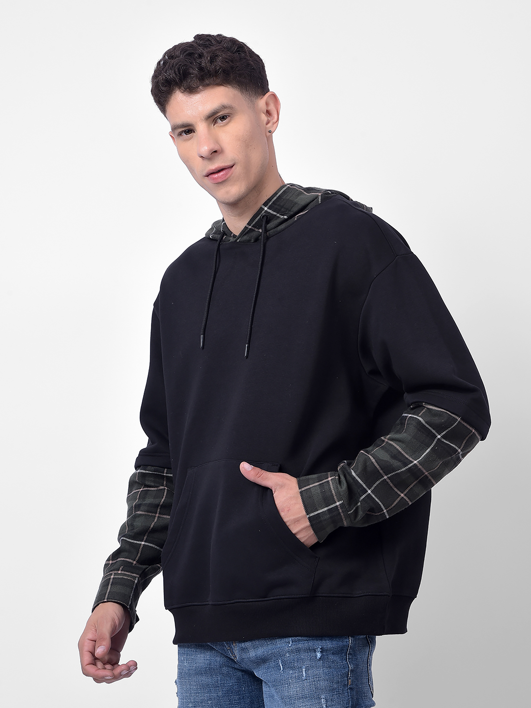 Numero Uno Men Black Checkered Hooded Sweatshirt